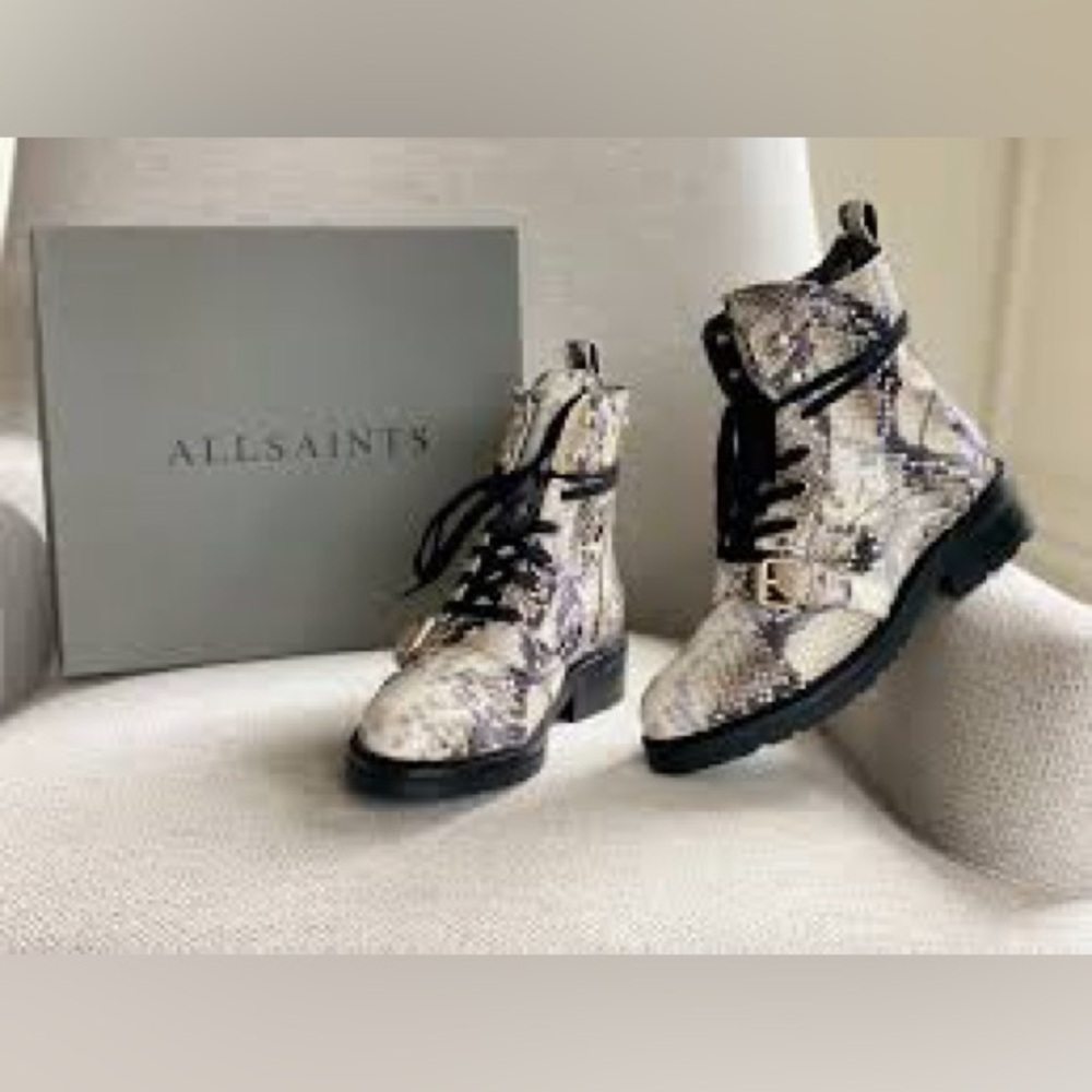 AllSaints Donita Summer Snake Printed Leather Combat Boots NEW 37 Booties Shoe 7